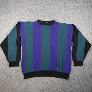 Vintage IOU‎ Sweater Mens Large Purple Green Striped 90s Grandpa Knit Retro